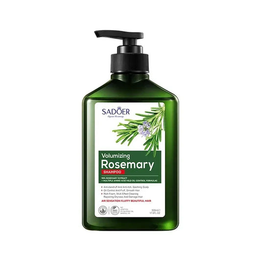Green shampoo bottle with pump labeled 'Sadoer Volumizing Rosemary Shampoo' on a white background