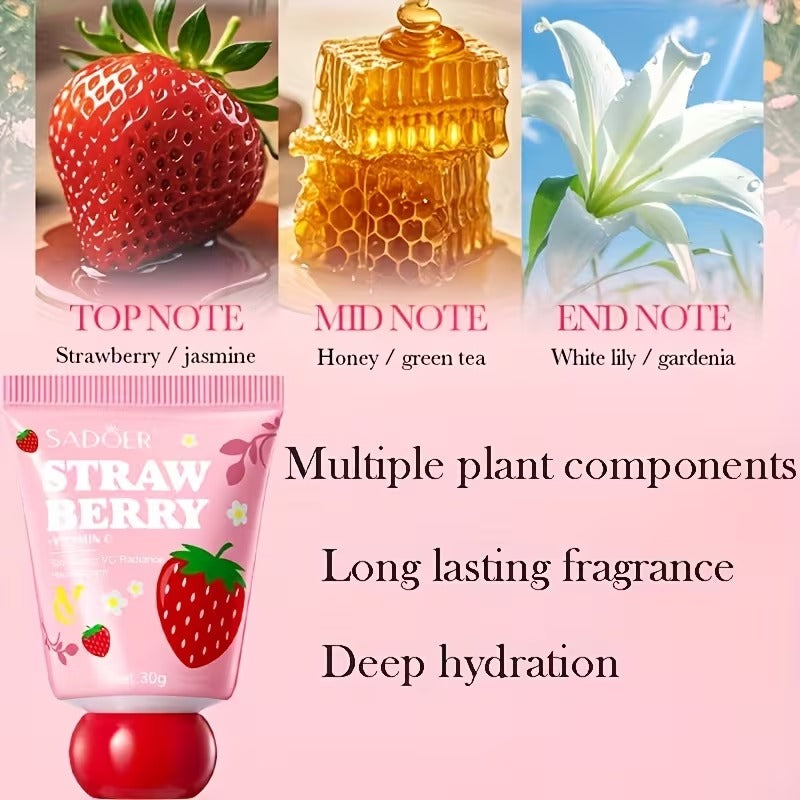 Product packaging with strawberry, honey, and white lily images labeled as top note, mid note, and end note, respectively. Sacher Strawberry product shown below.