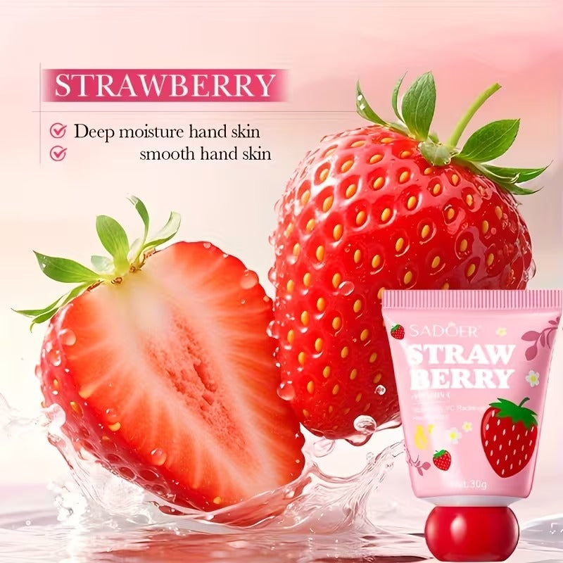 Strawberry-themed skincare product with fresh strawberries and water droplets on a light pink background.