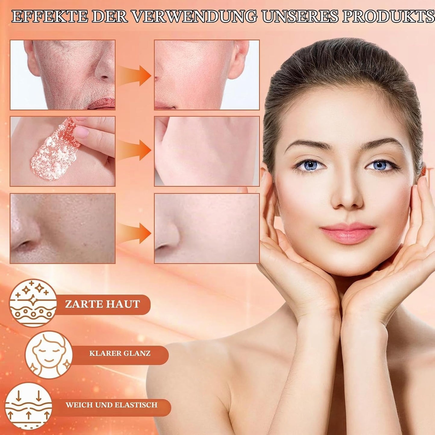 German promotional graphic for a skincare product showing a woman with smooth skin, three before-and-after close-up facial inset photos, and three benefit icons with text including 'ZARTE HAU'T', 'KLARER GLANZ', and 'WEICH UND ELASTISCH'.