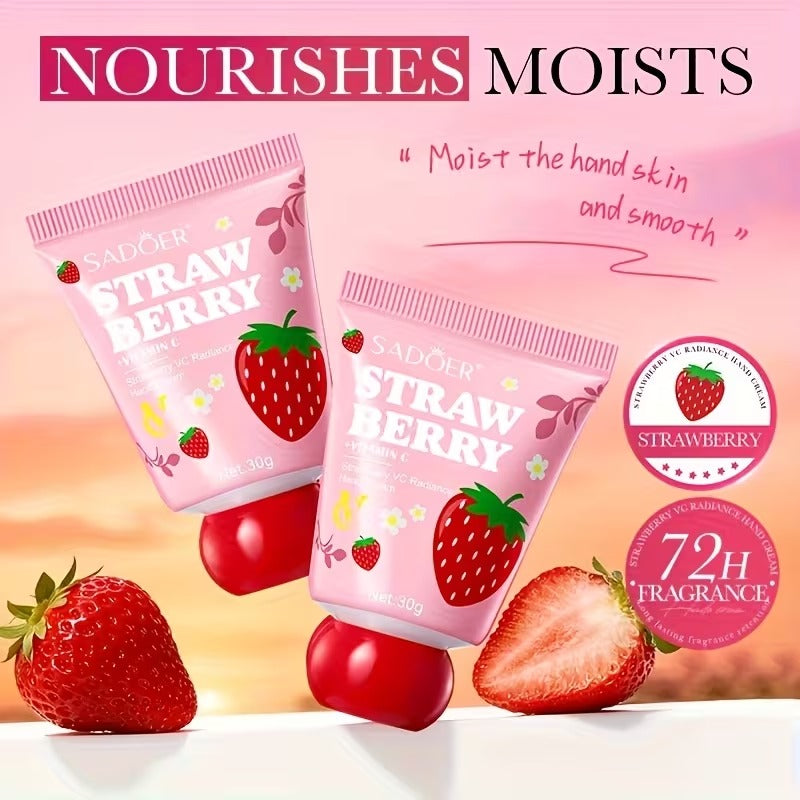 Two pink Sadoer Strawberry Hand Cream tubes floating above red strawberries on a peach-toned background, with the text 'NOURISHES MOISTS' and circular claims badges for strawberry and 72-hour fragrance.