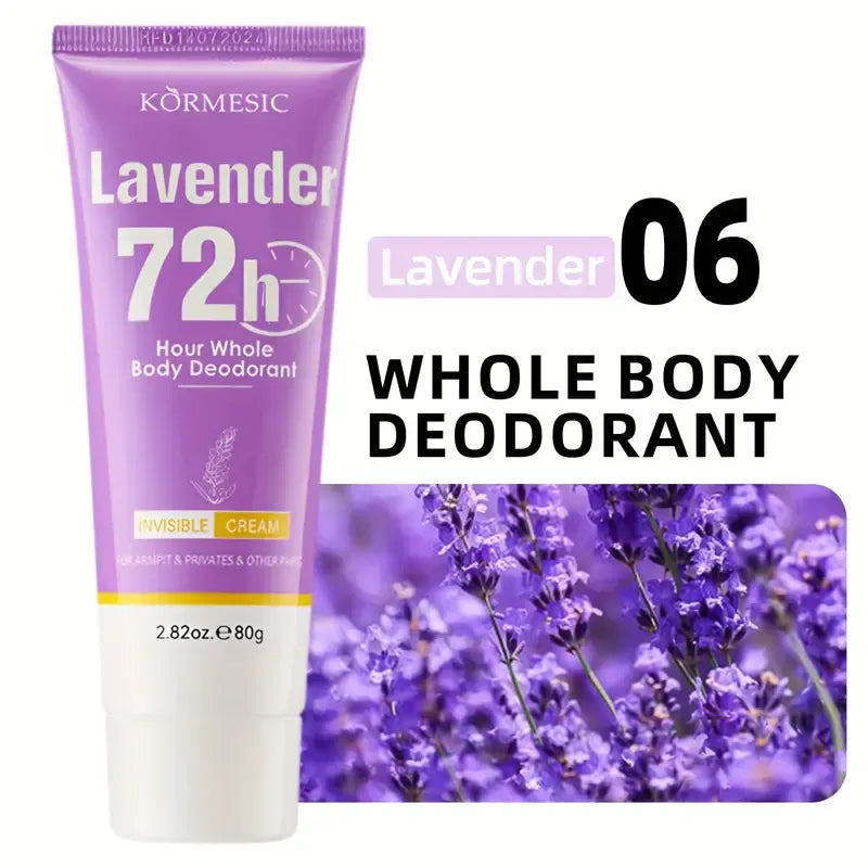 Kormesic Lavender 72 Hour Whole Body Deodorant tube in purple, shown alongside text reading 'Lavender 06 Whole Body Deodorant' and a lavender flower photo on a white background.