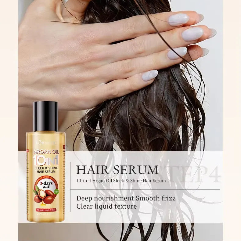 A bottle of Tarkus Bright Oil 10M Hair Serum is shown next to a close-up of hands holding dark brown hair to demonstrate the product's effect on hair health and shine.