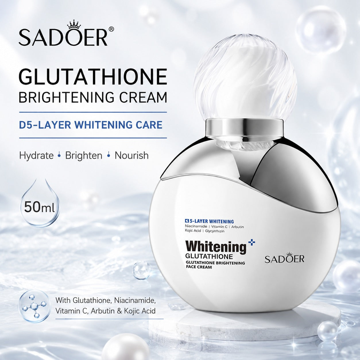 Sadoer Glutathione Brightening Cream in a 50ml white and silver spherical bottle with a clear cap, set against a cool, icy white background with water droplets and text detailing its D5-layer whitening care.