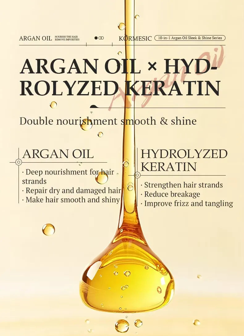 Argan oil and hydrolyzed keratin hair care label or packaging graphic with a golden dropper of oil above a rippling pool of amber liquid on a beige background.