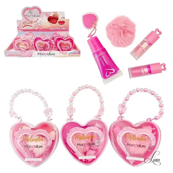 Collection of pink cosmetic products with heart designs and 'Melinda' branding on a white background.