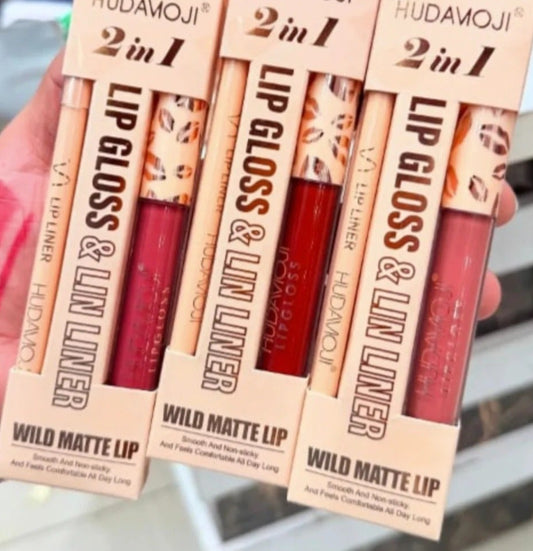  HUDAMOJI 2-in-1 Lip Combo  Lipgloss + Lipliner Set 