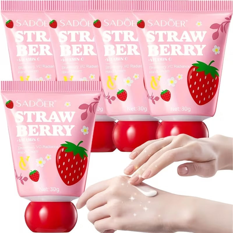 Five pink Sadoer Strawberry Vitamin C Hand Cream tubes arranged on a white background, with two hands at the bottom demonstrating the cream being applied to skin.