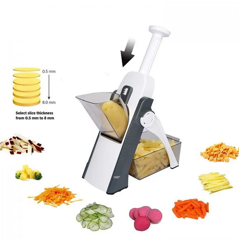 Vegetable chopper with sliced vegetables displayed on a white background