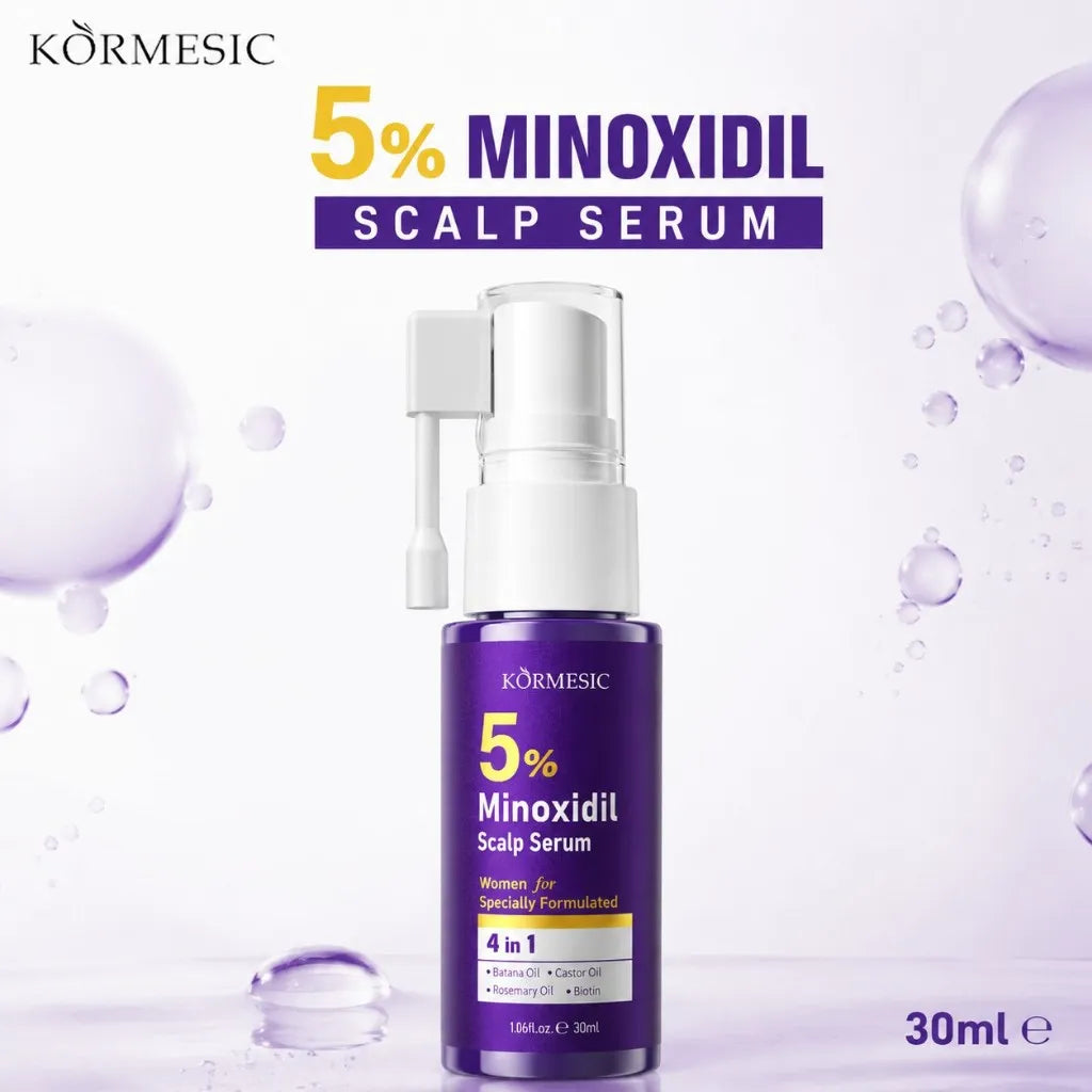 Körmesic 5% Minoxidil Scalp Serum bottle in purple and white, shown against a light background with decorative purple bubbles and text overlays.