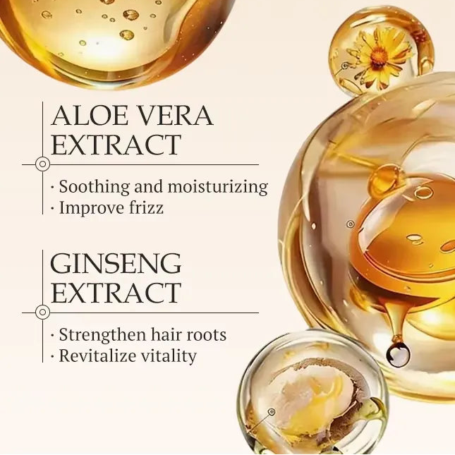 A vertical product graphic for a hair care product titled 'Multiple Plant Extracts'. The design features a cream background with illustrations of botanical oil droplets in glass flasks and spheres, alongside text listing ingredients: Macadamia Seed Oil, Jojoba Seed Oil, Aloe Vera Extract, and Ginseng Extract.