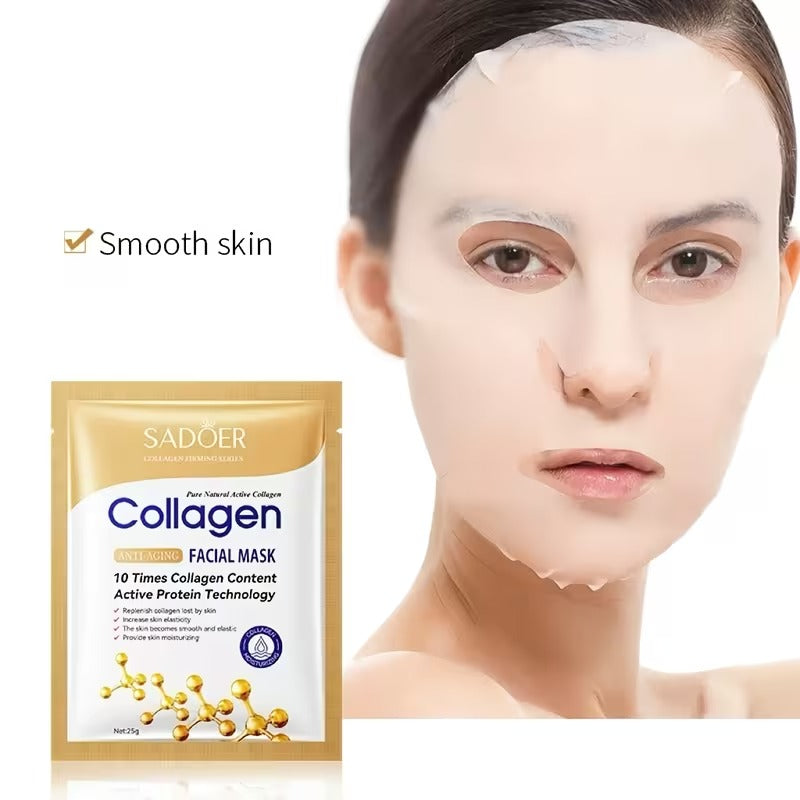 A woman's face with a collagen facial mask applied, shown next to a gold and white SADOER Collagen Facial Mask pouch on a white background with the text 'Smooth skin'.