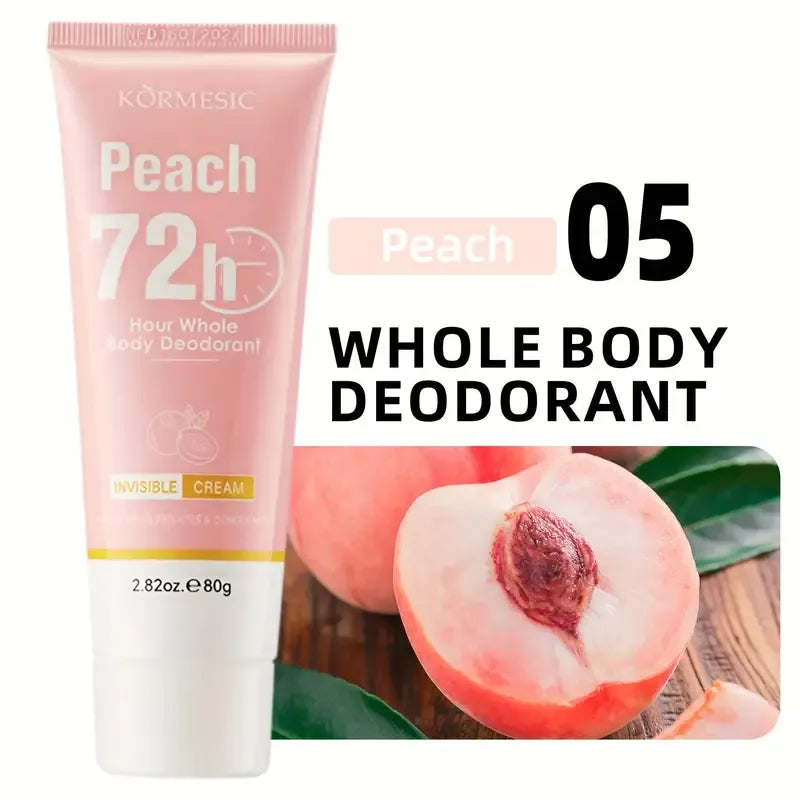 Kormesic Peach 72-hour whole body deodorant with a peach and green leaf background