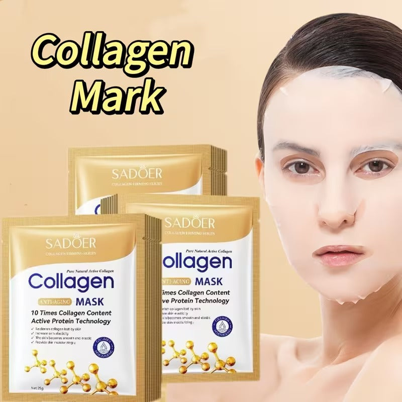 Three SADOER Collagen Mask sachets displayed next to a woman wearing a white collagen face mask, with the text 'Collagen Mark' at the top on a beige background.