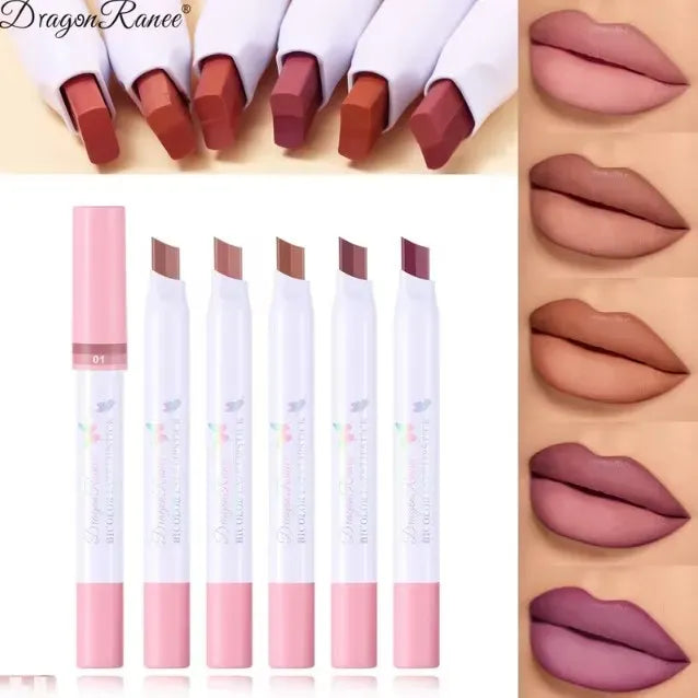 Six lip color pencils shown with their caps off, alongside six lip swatches demonstrating the matte lipstick shades. The brand name 'Dragon Ranee' is visible in the top left corner.