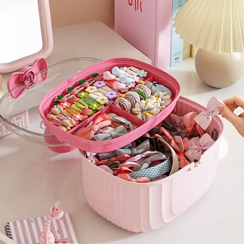 Portable Storage Box with a Detachable Tray, Cute Double-layer Hair Accessory Storage Box