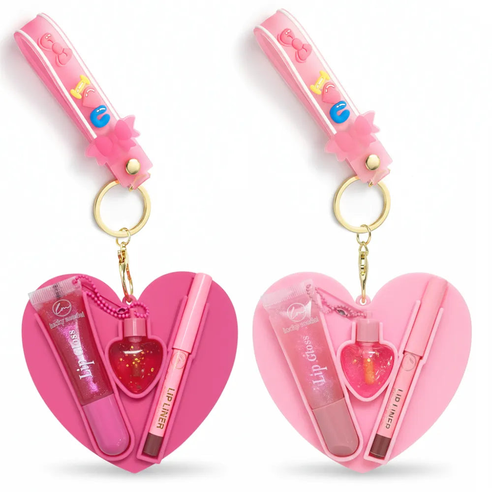 Two pink heart-shaped lip treatment keychain sets on a white background, each containing a lip gloss tube, lip liner, and a small heart-shaped lip balm.