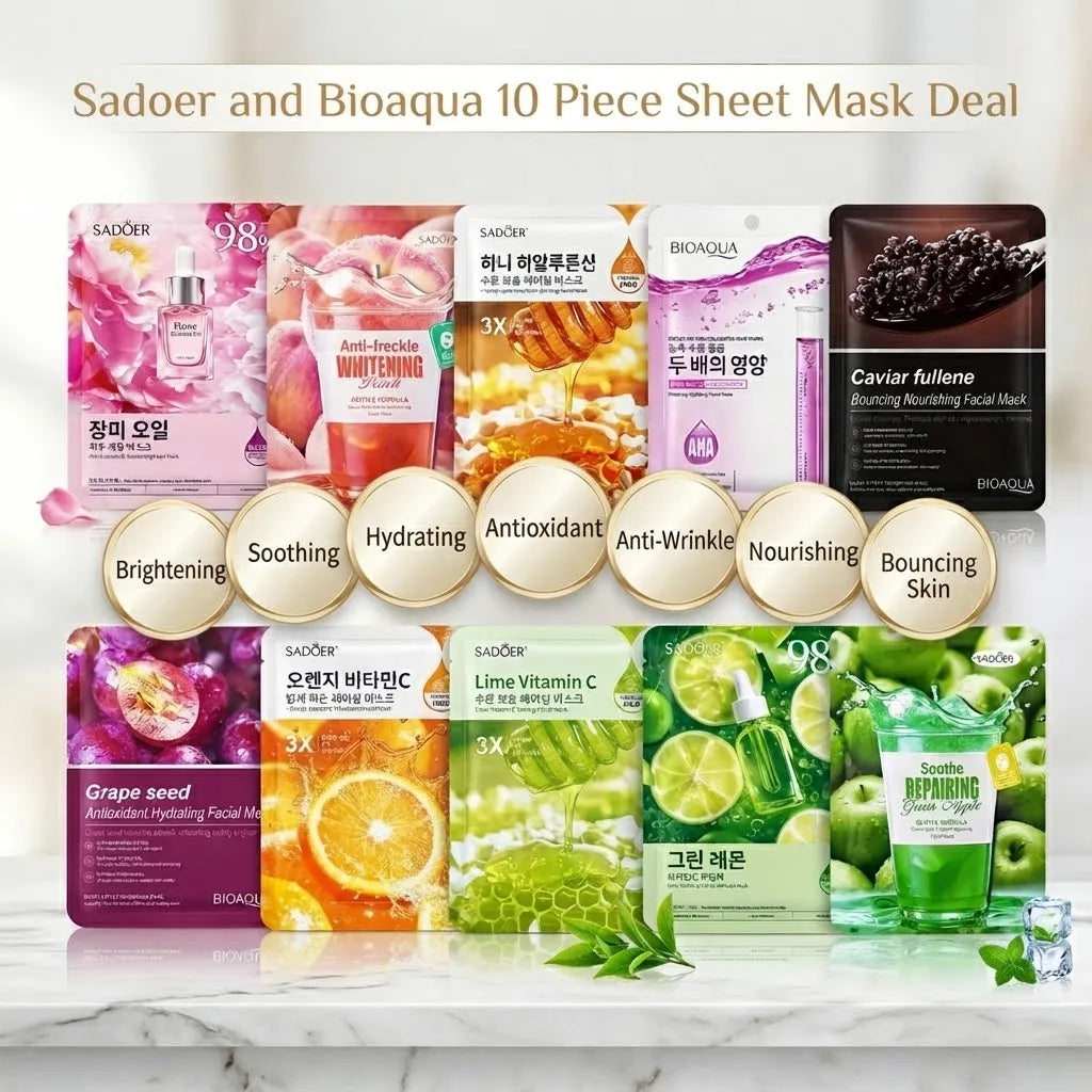 A promotional collage for a Sadoer and Bioaqua 10-piece sheet mask set, showing multiple colorful mask packets arranged in two rows on a light marble-like background with gold circular badges and Korean text labels.