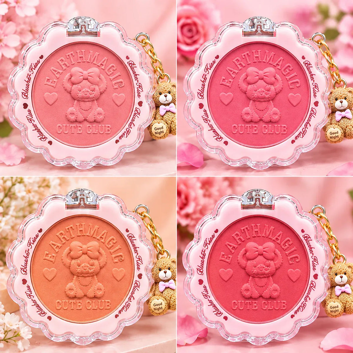 Four round blush compact-style makeup pans arranged in a 2x2 grid, each with a scalloped clear plastic frame, embossed teddy bear face in the center, and a small teddy bear charm on a gold chain. The shades shown are pink, coral, peach, and rosy orange, all on a soft pink floral background.