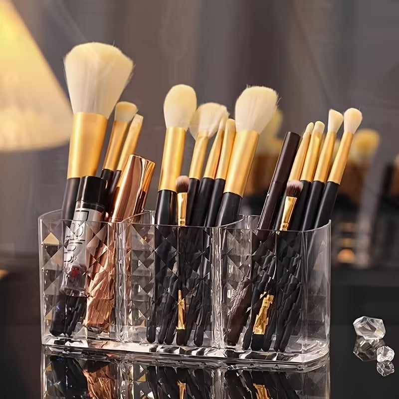 Diamond-Pattern Cosmetic Storage Box – Transparent Makeup Brush Holder & Vanity Organizer