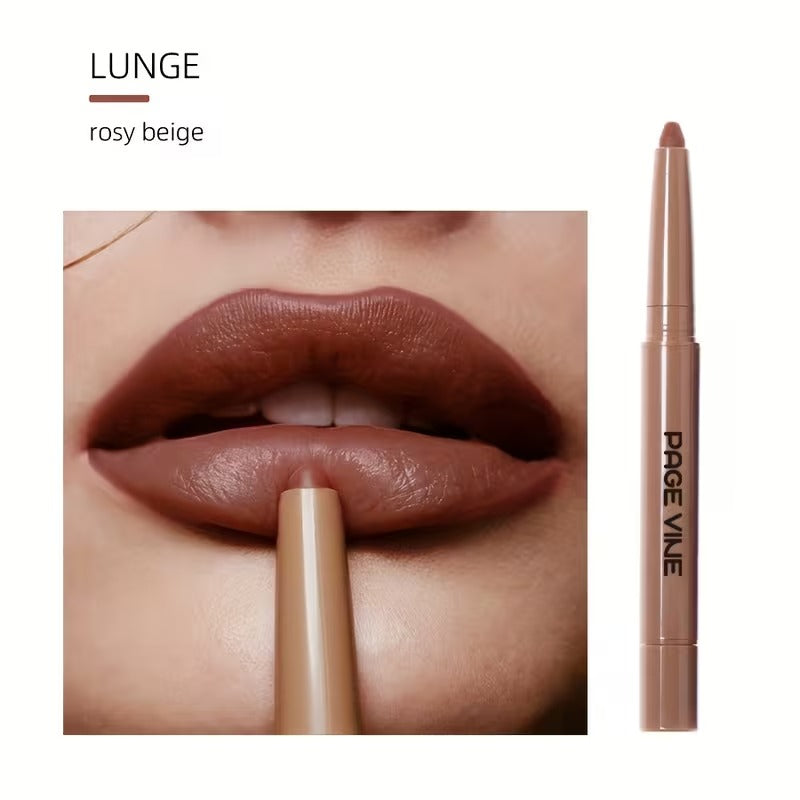 Lipstick pencil with 'Page Vine' branding applied to lips, showing 'Lunge rosy beige' color.