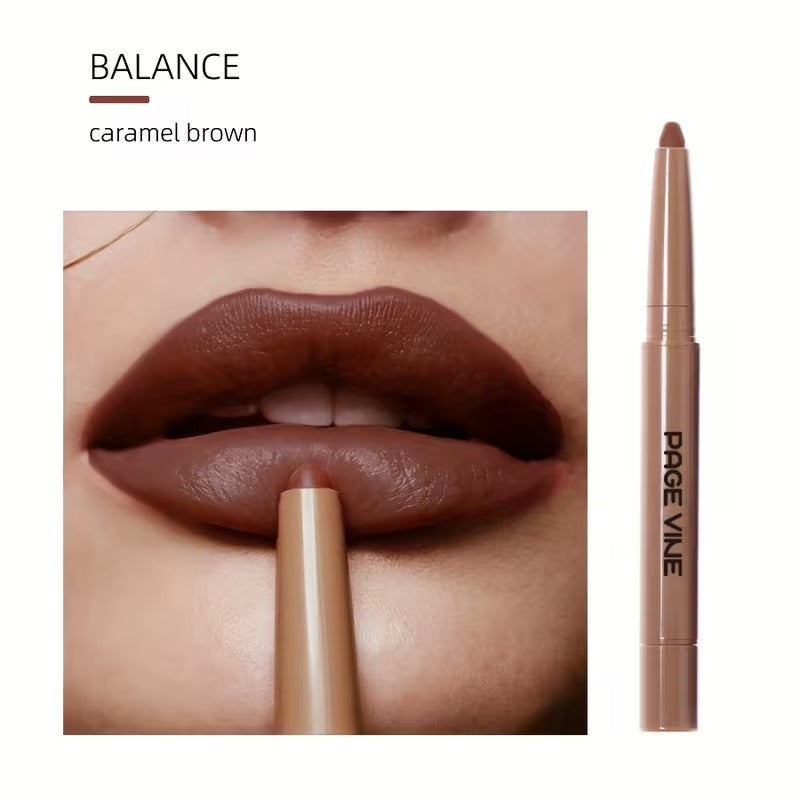 Lipstick with 'Page Vine' branding applied to lips, showing 'STRETCH neutral mocha brown' color.