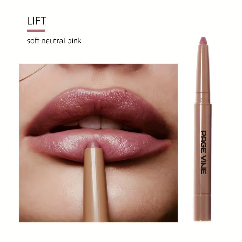 Lipstick pencil with 'rhode' branding applied to lips, showing 'LIFT' color swatch.