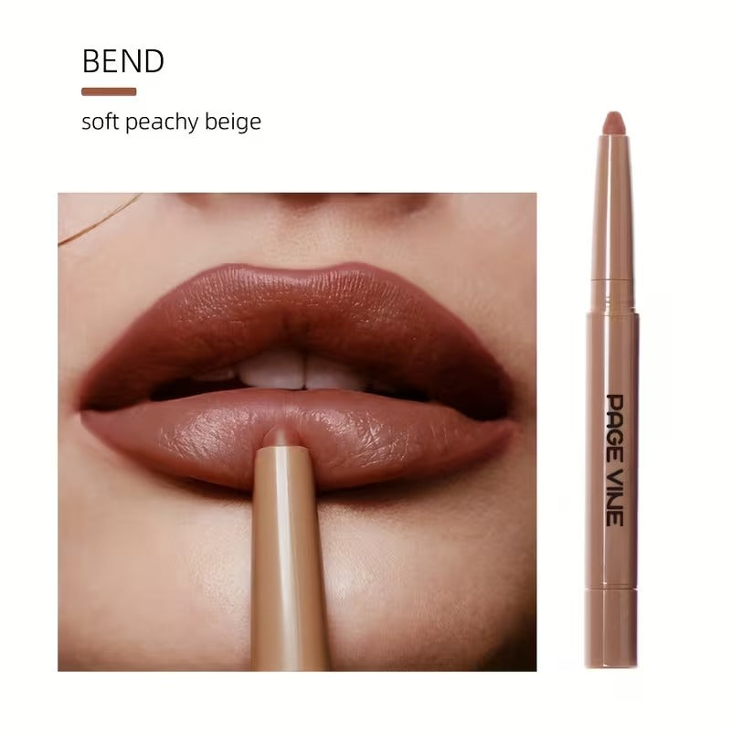 Lipstick with 'Page Vine' branding applied to lips, showing 'STRETCH neutral mocha brown' color.