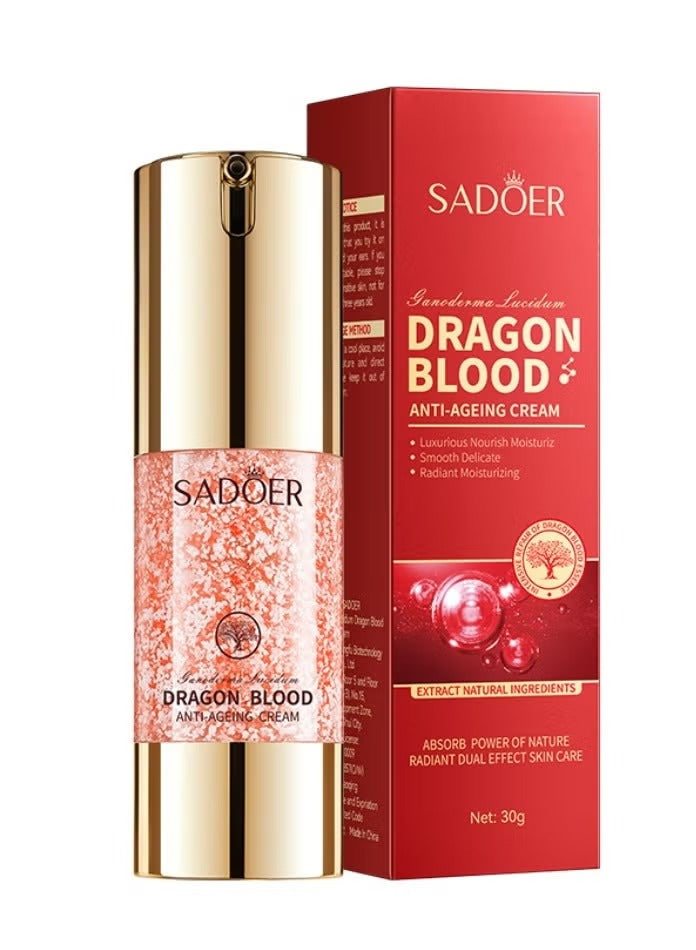 Sadoer Dragon Blood Anti-Ageing Cream shown with its red outer packaging box and the gold-and-clear cosmetic bottle on a plain white background.
