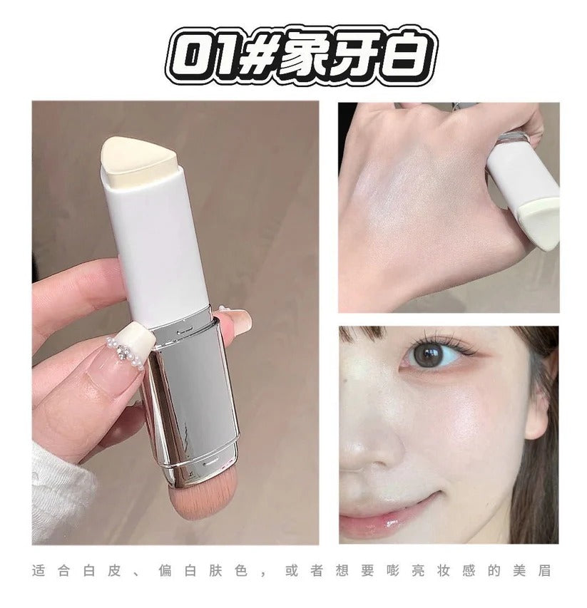 kakashow stick foundation Cosmetic stick with a close-up of application on skin and a person wearing it.