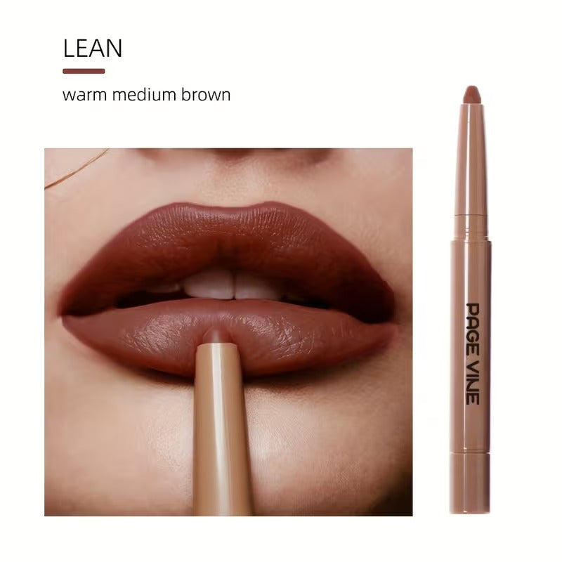 Lipstick with 'Page Vine' branding applied to lips, showing 'LEAN' color description.