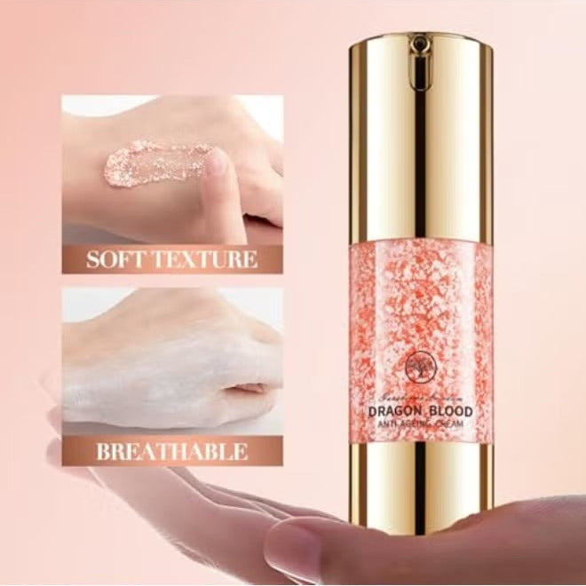 A cosmetic bottle labeled 'Dragon Blood' with a shiny gold cap and a pink glittery translucent body, shown beside two inset photos of hands demonstrating a soft, breathable texture on skin against a pale pink background.