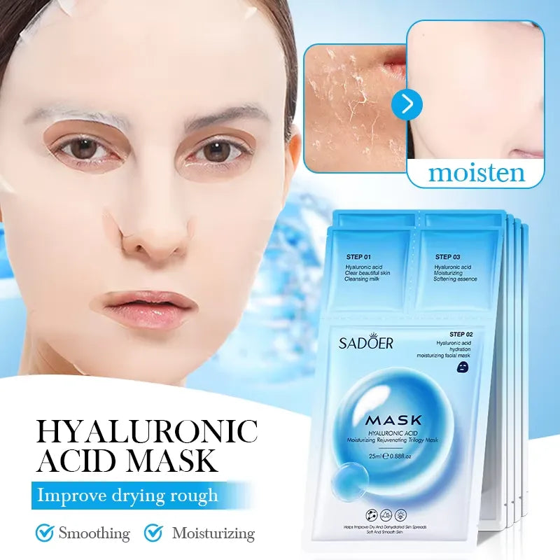 Sadoer Hyaluronic Acid Mask packaging shown alongside a close-up of a woman's face with skincare patches applied, plus a before-and-after skin texture comparison and text highlighting smoothing and moisturizing benefits.
