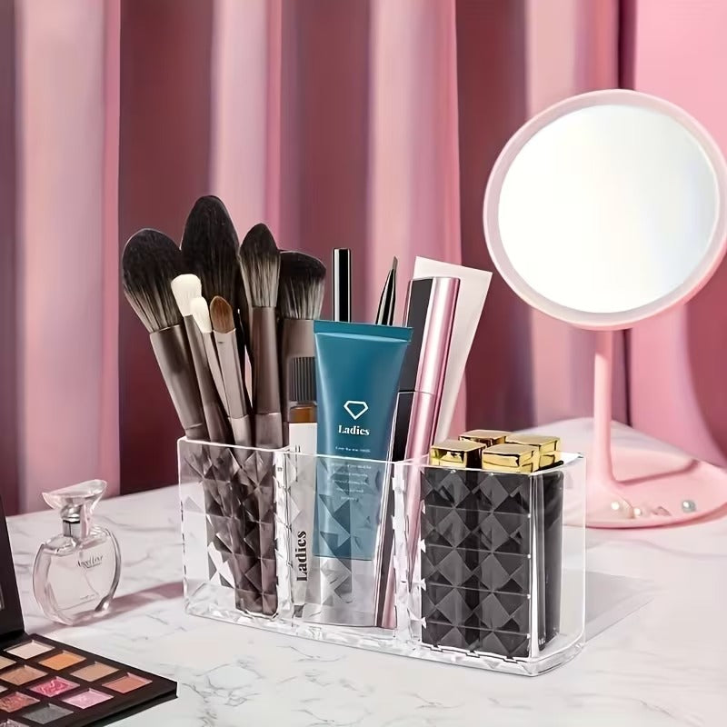Diamond-Pattern Cosmetic Storage Box – Transparent Makeup Brush Holder & Vanity Organizer