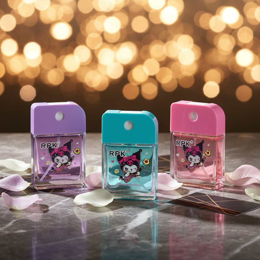 A retail display box filled with small perfume atomizer bottles in pink, purple, light blue, and dark blue, branded RPK Perfums with Kuromi character graphics on a blurred store background.