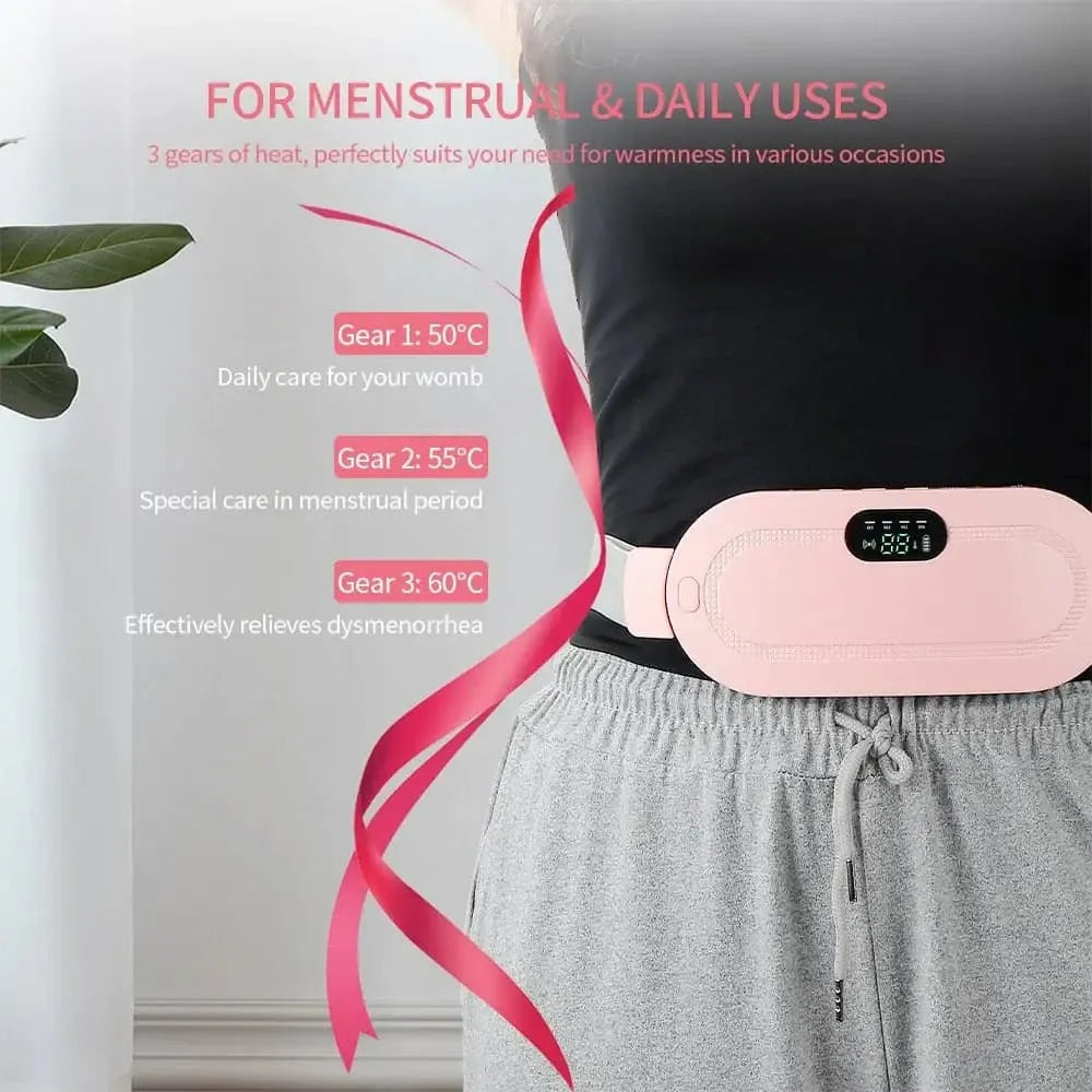 Person wearing a pink heating pad with text on menstrual and daily uses.