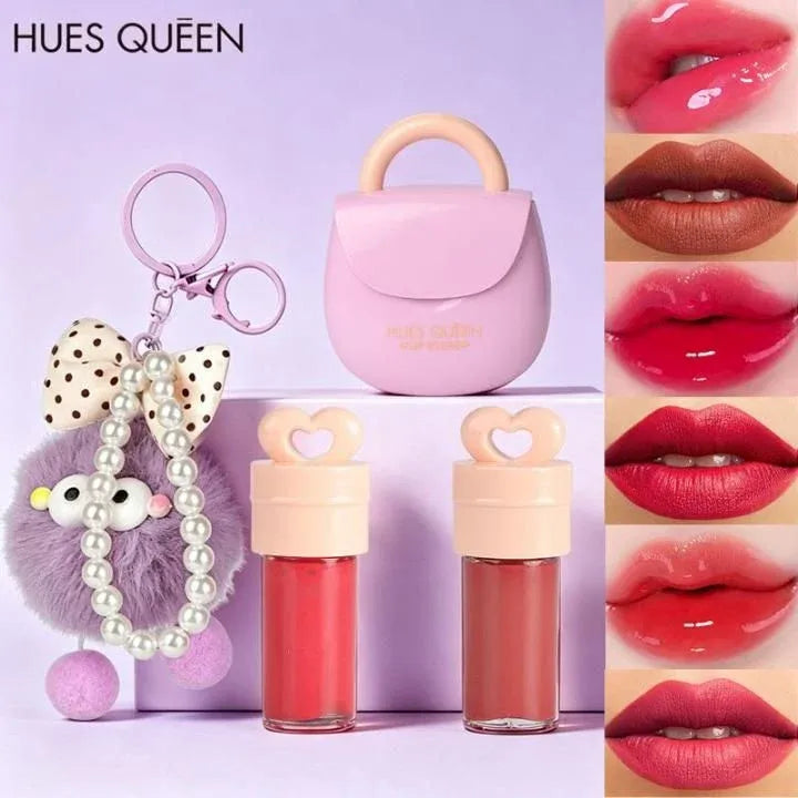HUES QUEEN lip gloss set featuring two tubes of glossy lip color, a pink carrying case, and a purple plush keychain with pearl beads and a bow, shown alongside lip application results on the right.