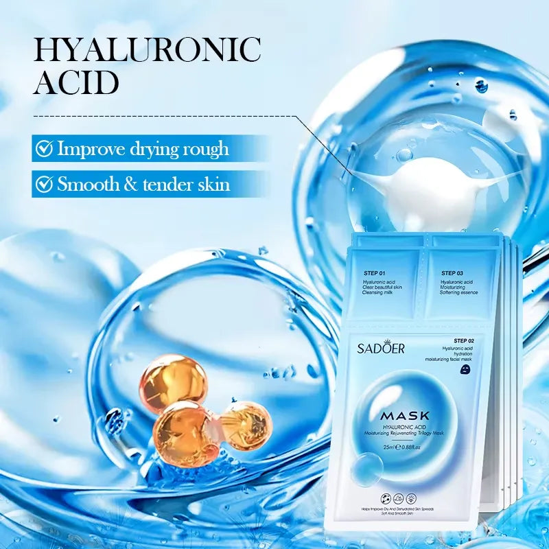 Sadoer Hyaluronic Acid Mask packaging shown in front of a blue water-bubble graphic with gold capsules, with text reading 'HYALURONIC ACID' and benefits for drying rough and smooth skin.