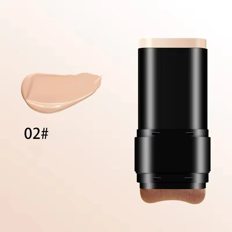 A black makeup stick with a dual-ended brush tip, shown next to a beige cream swatch labeled '02#'.