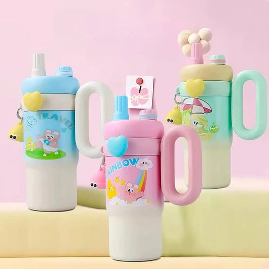 Stainless Steel Kawaii Printed Insulated Tumbler with Handle & Straw – 850ml