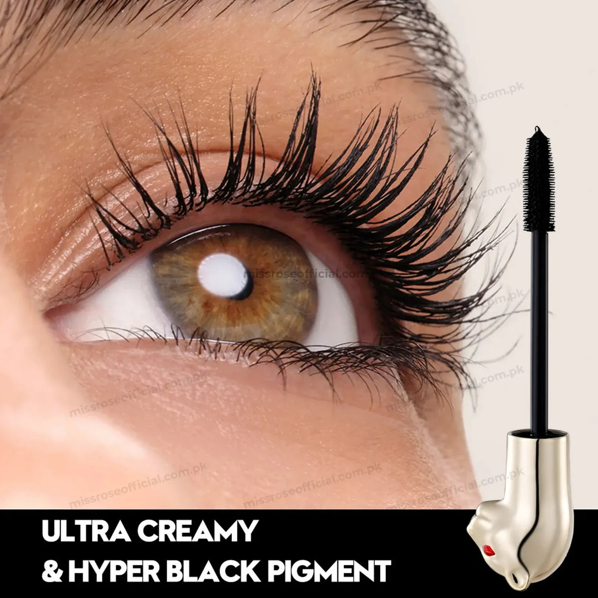 Close-up of a person's eye with long, dark eyelashes, alongside the mascara wand and text reading 'ULTRA CREAMY & HYPER BLACK PIGMENT'.