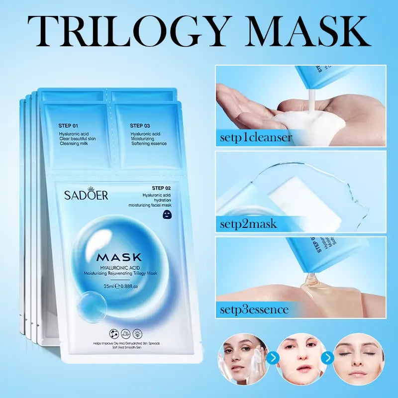 Three packets of SADOER Trilogy Mask shown on a light blue background, with inset panels demonstrating the mask application steps: cleanser, mask, essence, and facial application.