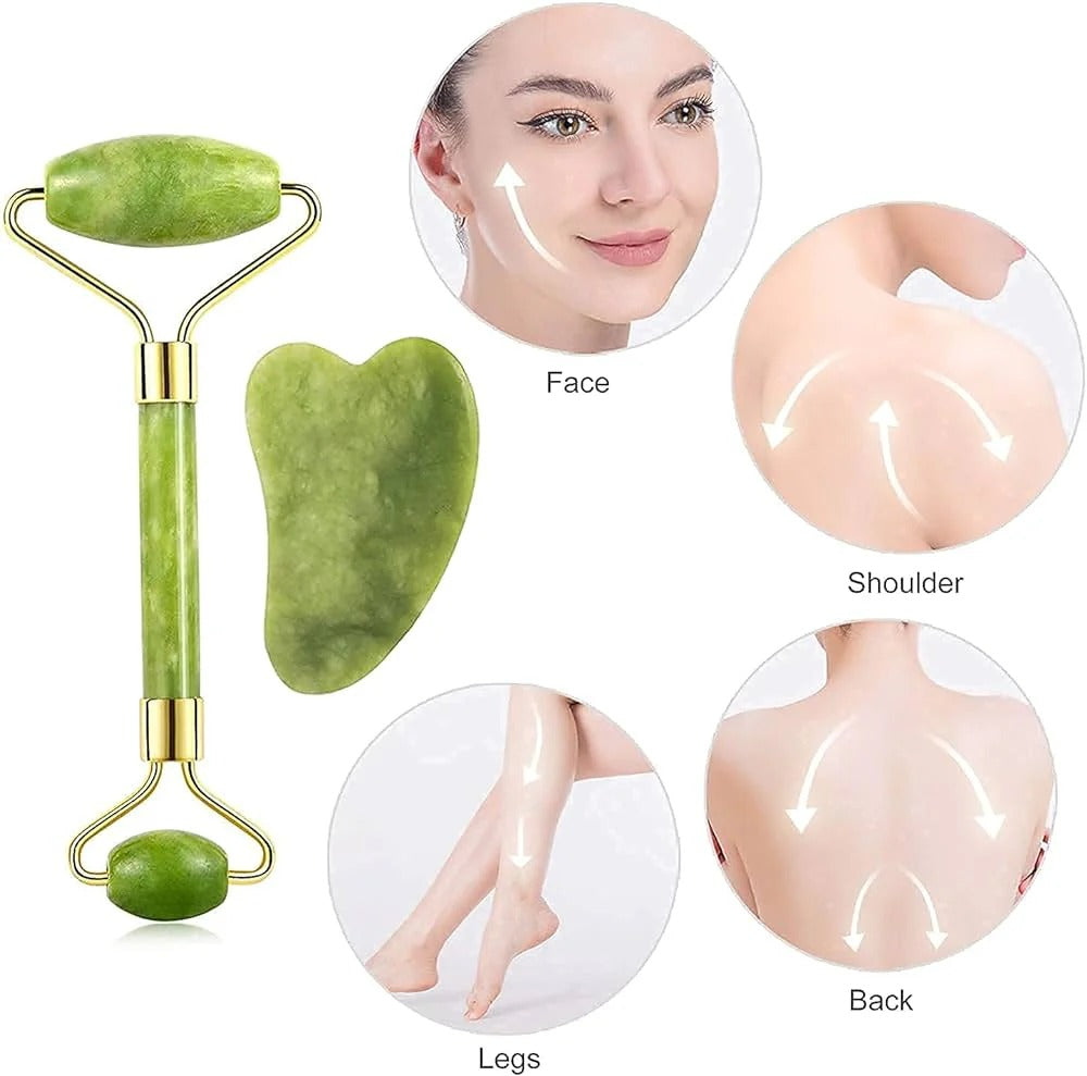 Jade Roller & Gua Sha Facial Tool Set – Anti-Aging Face Massager for Glowing Skin