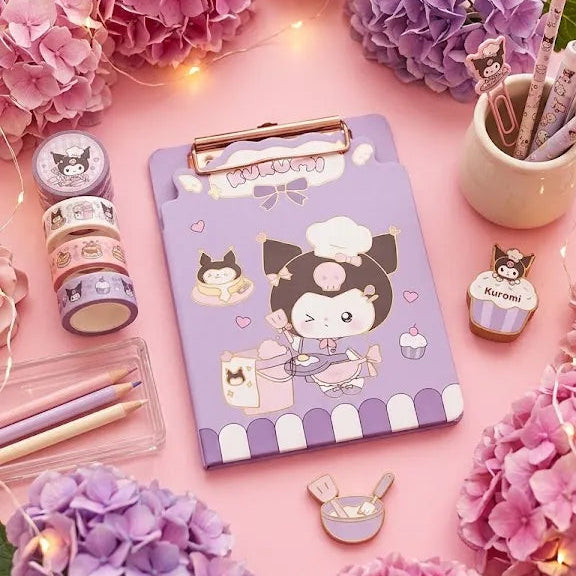A pastel pink desk setup featuring a purple clipboard with a Kuromi illustration, surrounded by pink and purple hydrangea flowers, decorative pens, washi tape, and small accessories on a soft pink background.