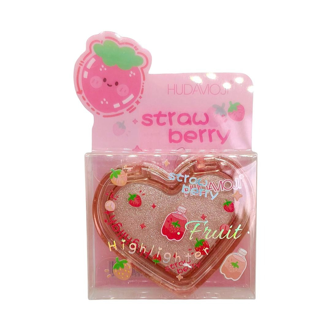 Hudavou Strawberry Fruit Highlighter in a heart-shaped clear plastic tube with pink glitter and strawberry illustrations, in its original pink packaging with a strawberry-themed header card.