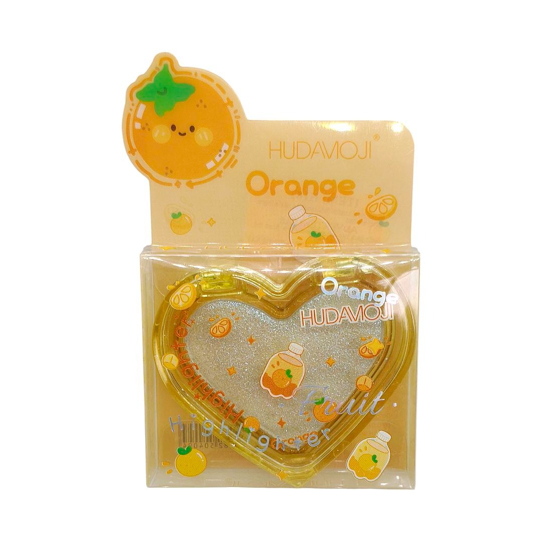 A heart-shaped orange-shaped highlighter pen by Hudamoji, packaged in a clear plastic box with a yellow and orange header card. The pen features a translucent yellow border and a glittery silver center decorated with orange illustrations.