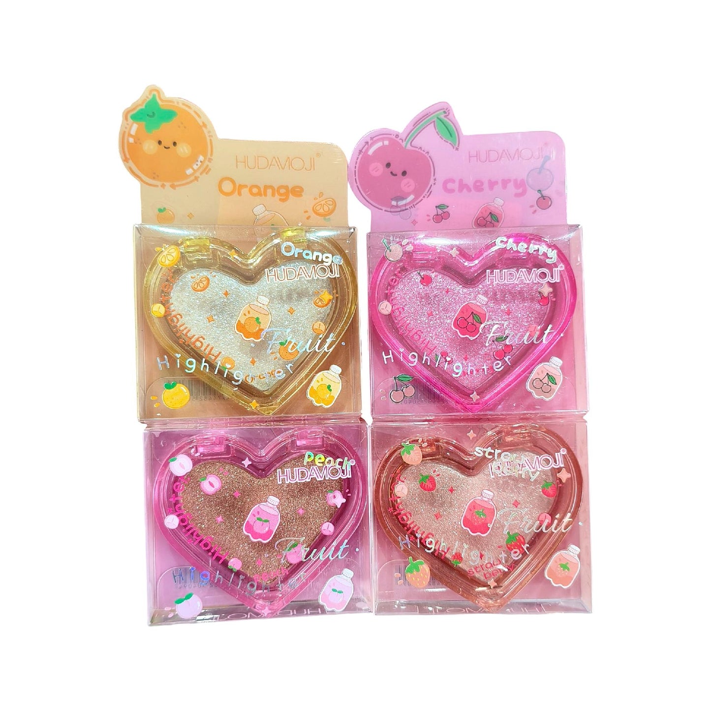 Four heart-shaped highlighter pens in their retail packaging, arranged in a 2x2 grid. The packages feature colorful fruit-themed headers: Orange, Cherry, Peach, and Strawberry.