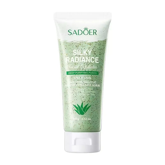 SADOER Silky Radiance Deep Purifying Power scrub in a clear squeeze tube with a white cap, showing a light green scrub with gold glitter inside.