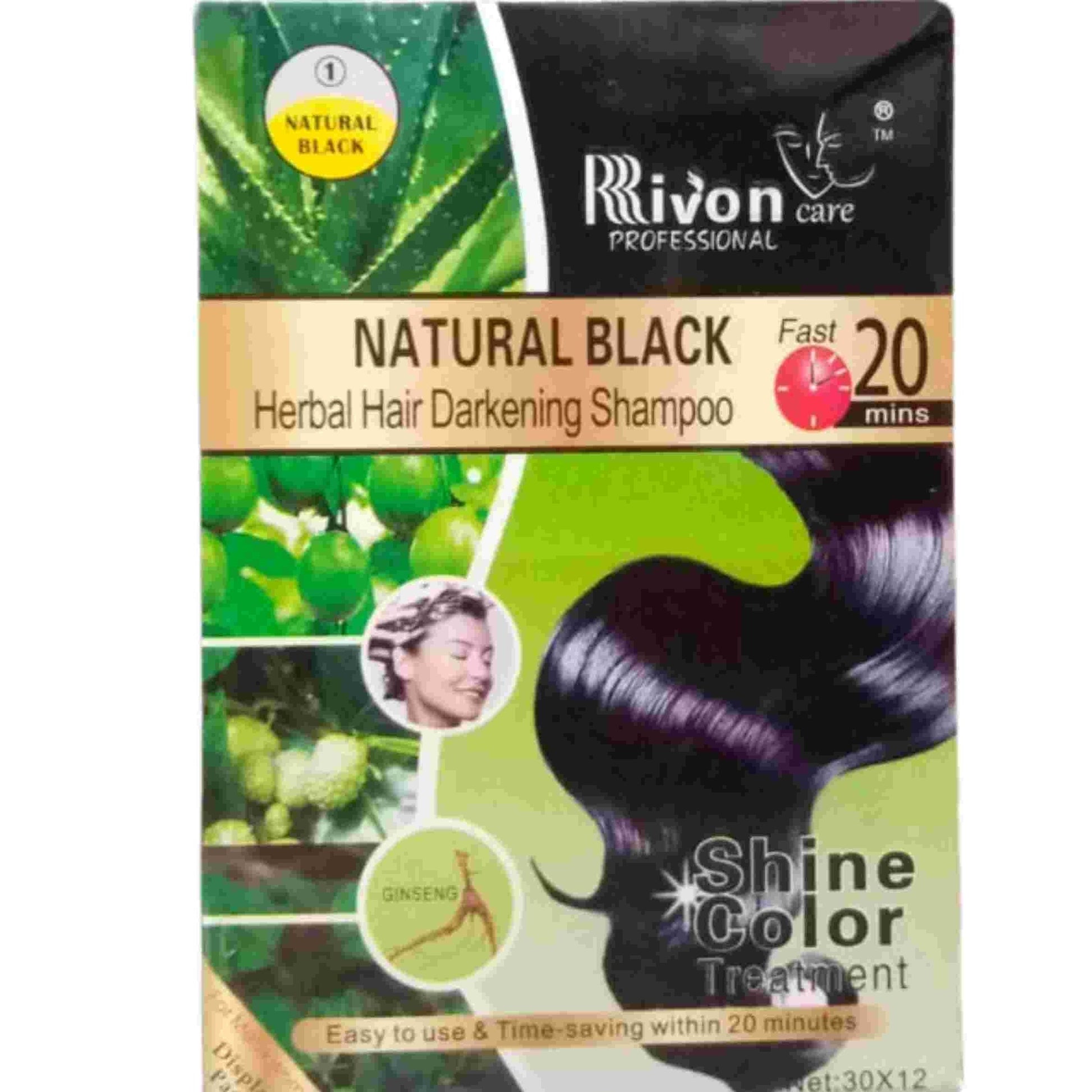 Rivon Care Professional Natural Black Herbal Hair Darkening Shampoo packaging box, featuring a black and green design with a hair sample showing dark purple-black color.
