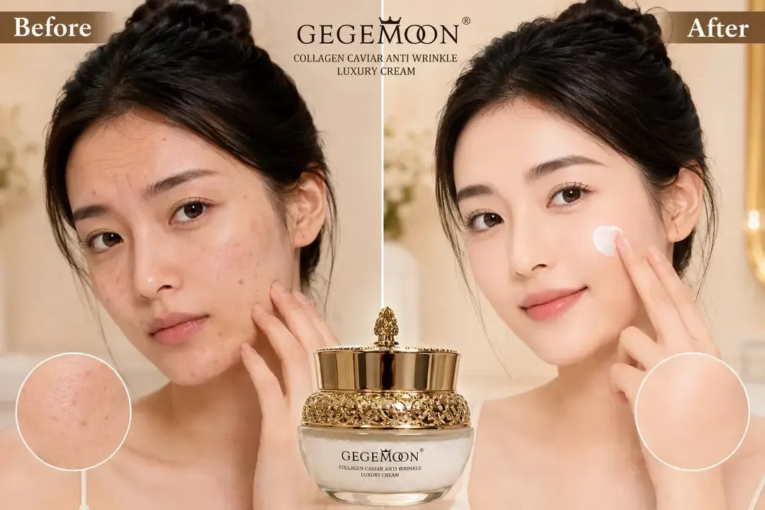 Before and after skincare comparison showing a woman's face with and without wrinkles, alongside a jar of GEGEMOON Collagen Gavage Anti Wrinkle Luxury Cream.